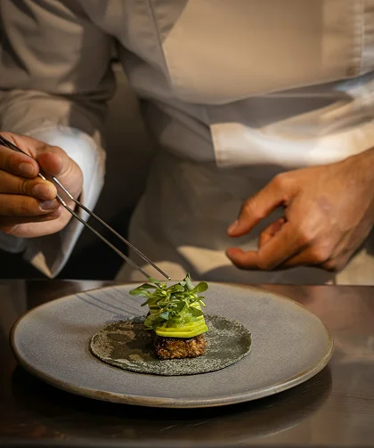 A chef carefully adds fresh greens to an elegantly plated dish.